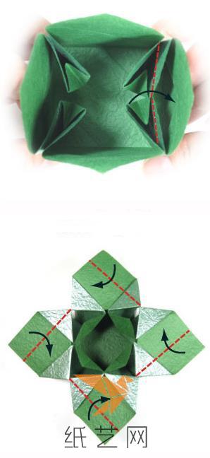 折叠成为一个立体结构之后，将四边的部分向外折叠到水平的位置，再来将每一个部分都按照红色折痕标记的位置进行折叠