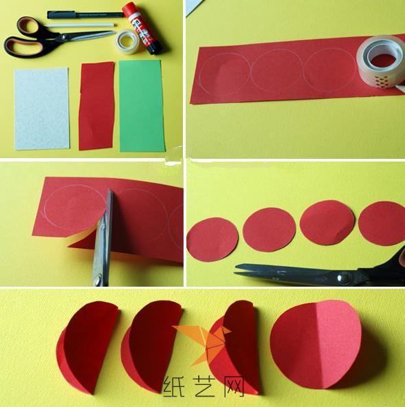 用红色的彩纸剪成圆圆的一片片，这样对折，用来制作大樱桃