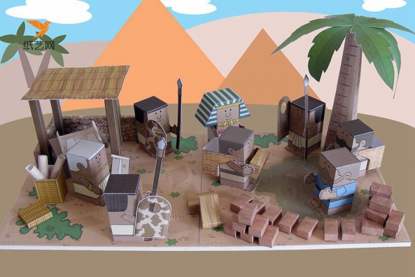 可爱的古埃及金字塔建筑场景纸模型