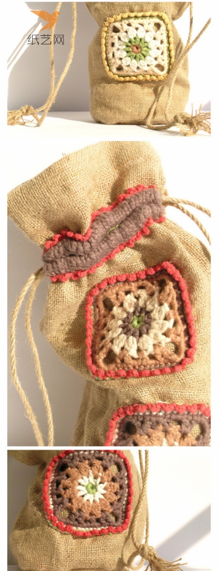 布艺毛线钩针编织元素非常有个性的布艺抽绳口袋手作