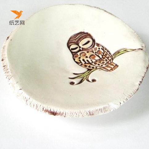 超轻粘土制作的可爱猫头鹰图案小置物盘