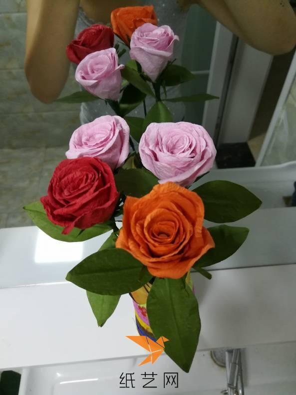 手揉纸粘玫瑰加上自己DIY 的花瓶
